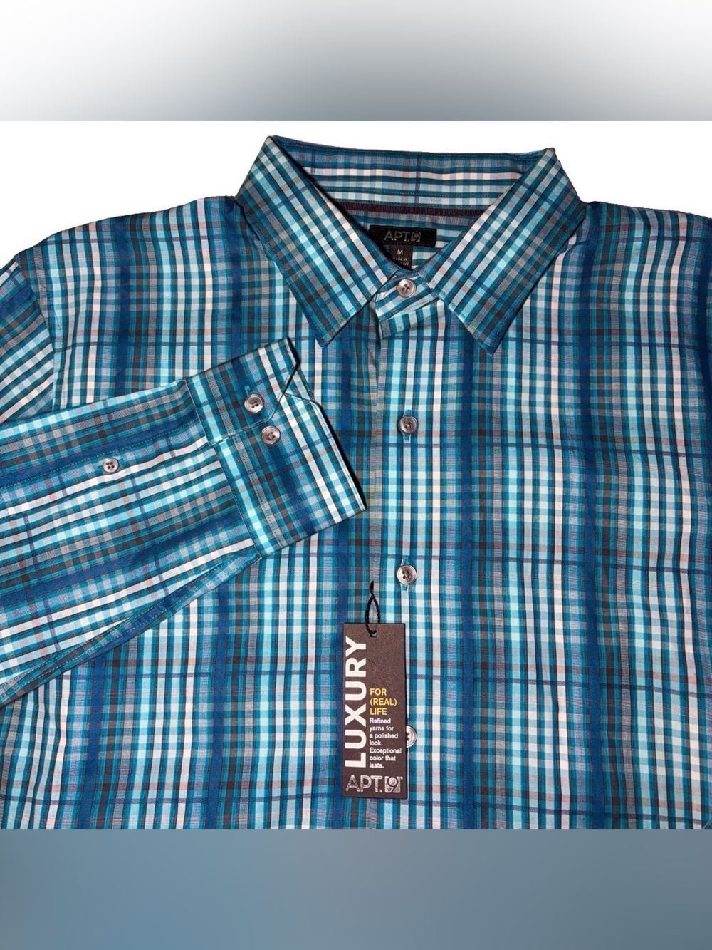 NWT Apt. 9 100% Cotton Modern Fit Men's M Blue/White Plaid Long Sleeve Button-Up